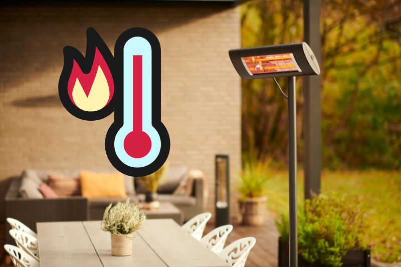 A patio heater warming a table on a patio outdoors