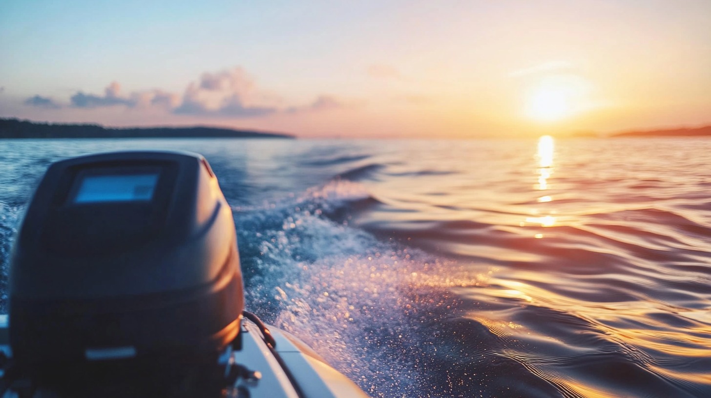 back of a small motorized boat or kayak moving through calm waters at sunset